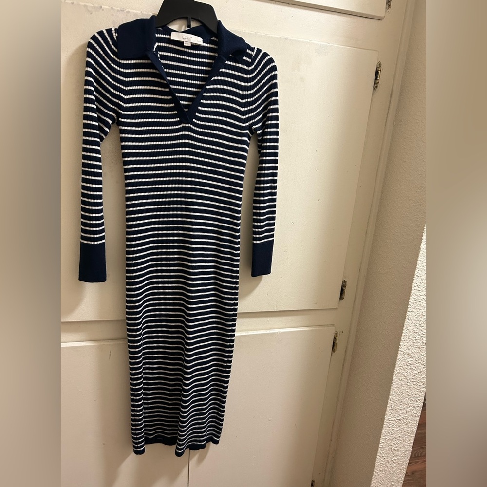 LOFT Navy and White Striped Long Sleeve Midi Dress
